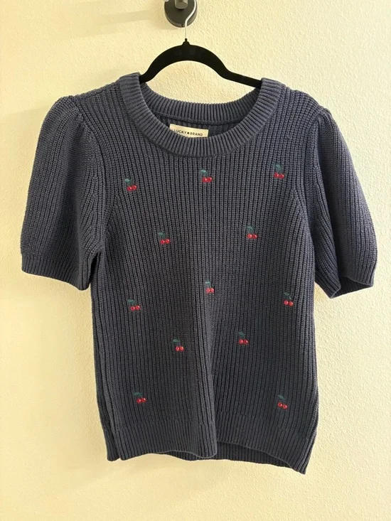 NWT Lucky Brand Navy Sweater with Cherry Embroidery - Picture 1 of 5